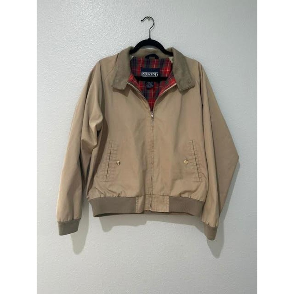 Lands End Mens Harrington Jacket Tan Khaki Plaid Lined Corduroy Collar Medium